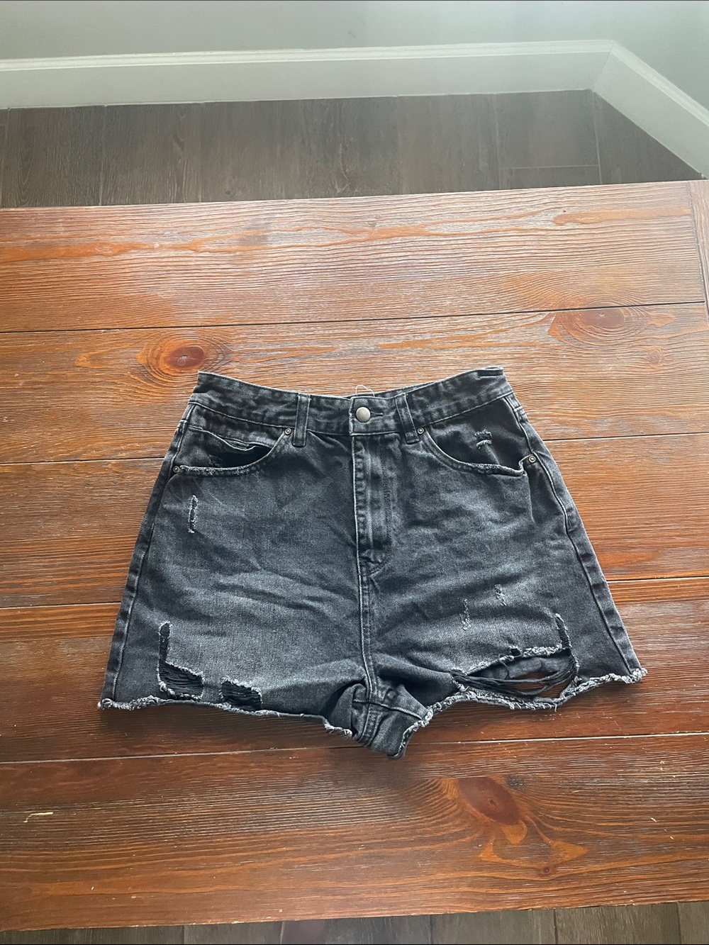 Chelsea & Violet Black Distressed High-Rise Denim Shorts